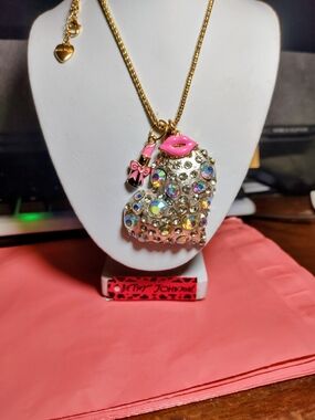 Betsey Johnson Rhinestone Heart Lipstick And Lips & Pink Accents Necklace